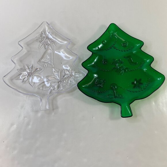 Set 2 Christmas Tree Shaped Plastic Serving Platters Green Clear - Picture 1 of 11